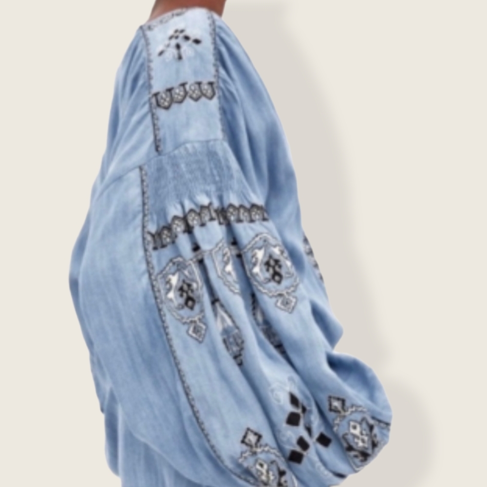 Light Blue Embroidered V-Neck Women's Top - Picture 11 of 13